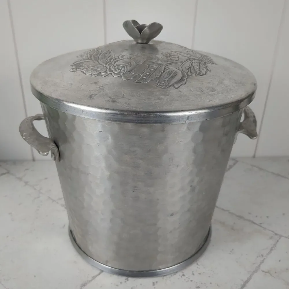 Vintage Hammered Aluminum Ice Bucket Floral Rose Midcentury Art Nouveau